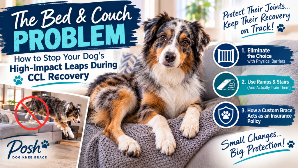 The Bed & Couch Problem How to Stop Your Dog’s High-Impact Leaps During CCL Recovery - dog jumping off the couch